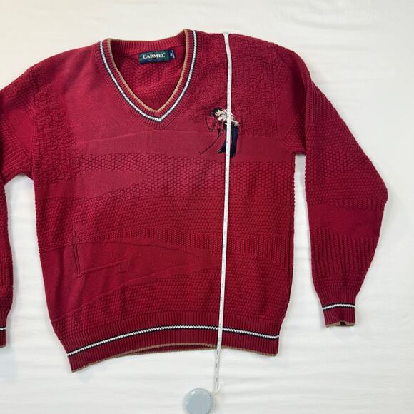 Vintage Carmel Golf Sweater Burgundy Red Men’s Medium Cotton Knit Embroidered - Picture 3 of 12